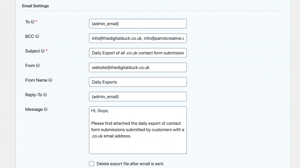 Entry Exporter for Gravity Forms settings