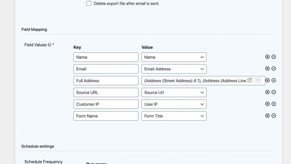 Entry Exporter for Gravity Forms field mapping settings