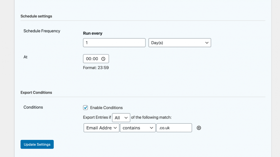 Entry Exporter for Gravity Forms schedule settings